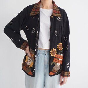 Vintage Mandal Bay Black Harvest Scarecrow Sunflower Knit Cardigan Fall Plaid L